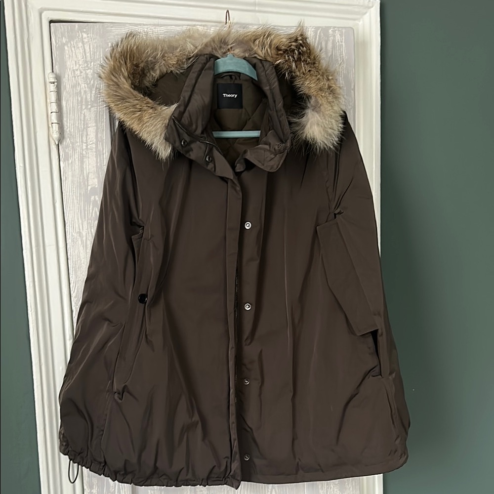 Theory Brown Hooded Cape Coat with Fur Trim